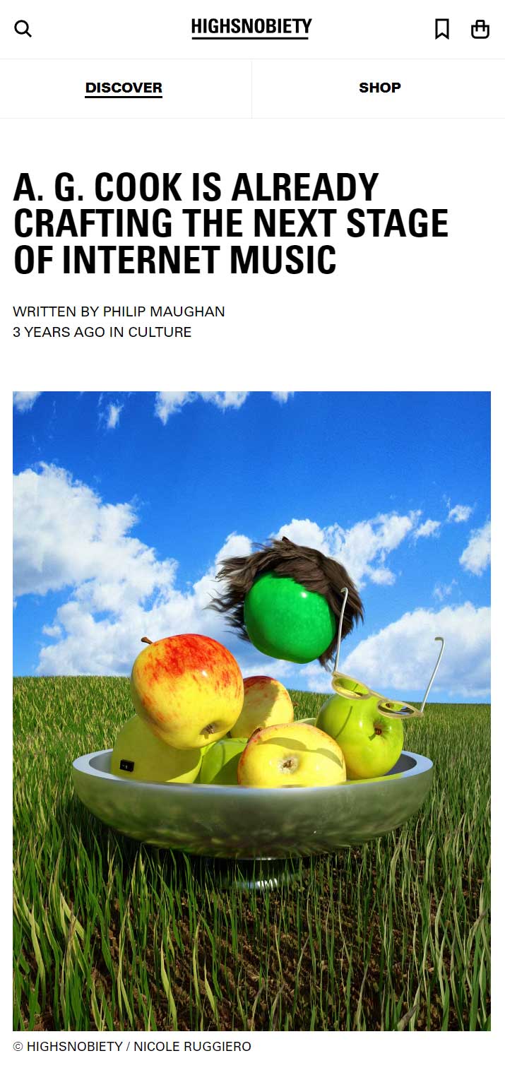 Screenshot of High Snobiety article "A.G. Cook Is Already Crafting The Next Stage Of Internet Music", artwork of apple with glasses falling from bright blue sky into bowl of apples