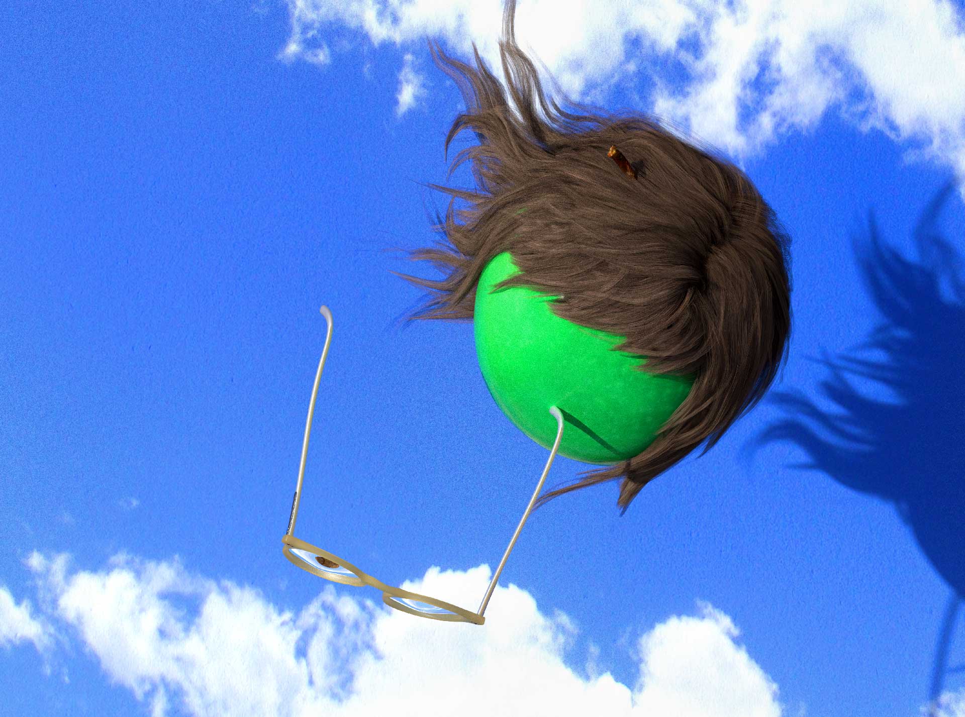 AG Cook artwork, 3D illustration of apple with glasses falling from sky. Glasses are falling off and there is a surreal blue sky and clouds texture on paper in background.